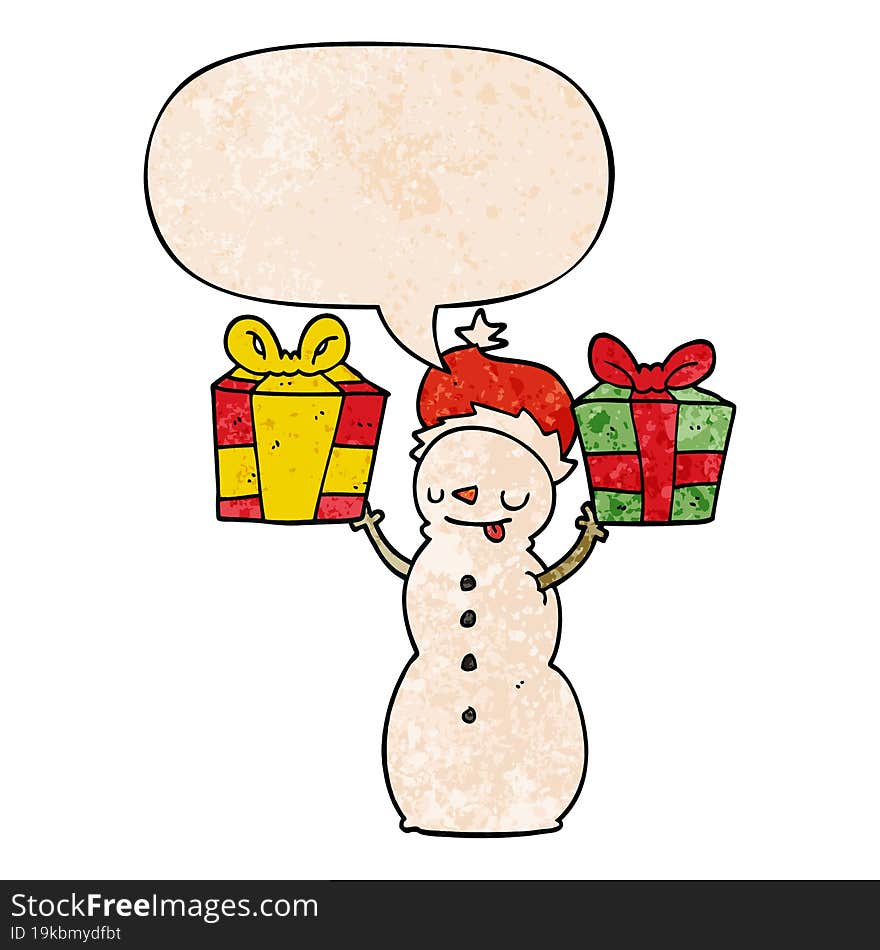 Cartoon Snowman And Present And Speech Bubble In Retro Texture Style