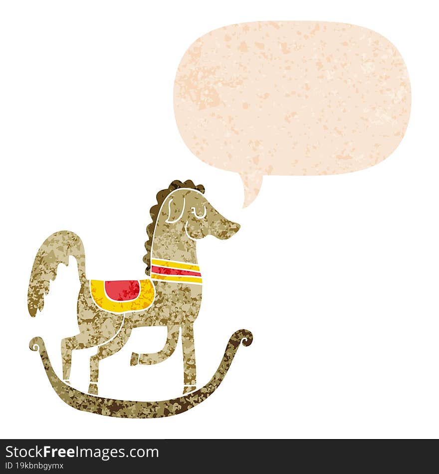 Cartoon Rocking Horse And Speech Bubble In Retro Textured Style