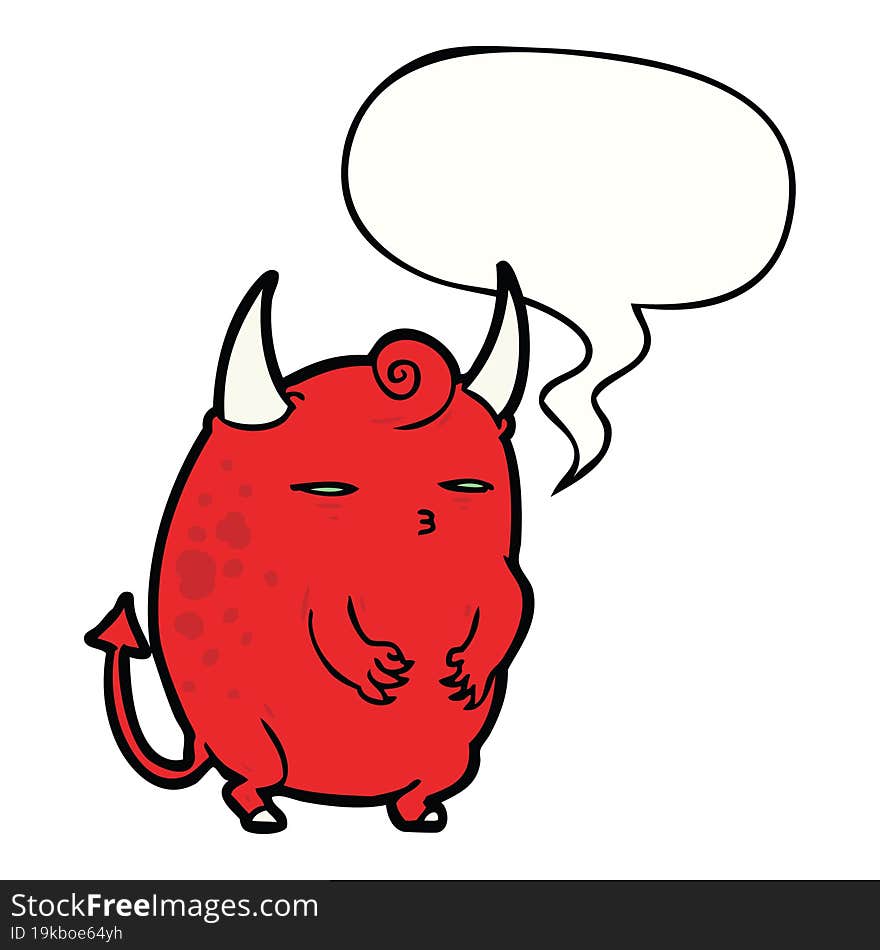 cartoon fat little halloween devil with speech bubble