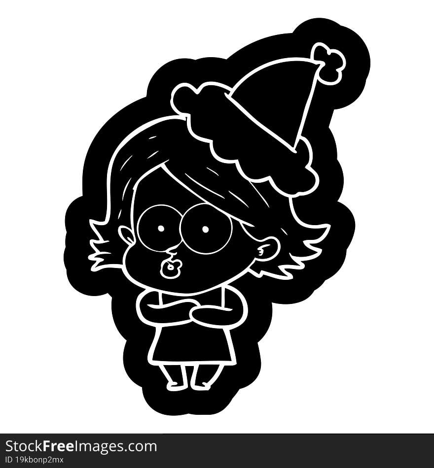 quirky cartoon icon of a girl pouting wearing santa hat