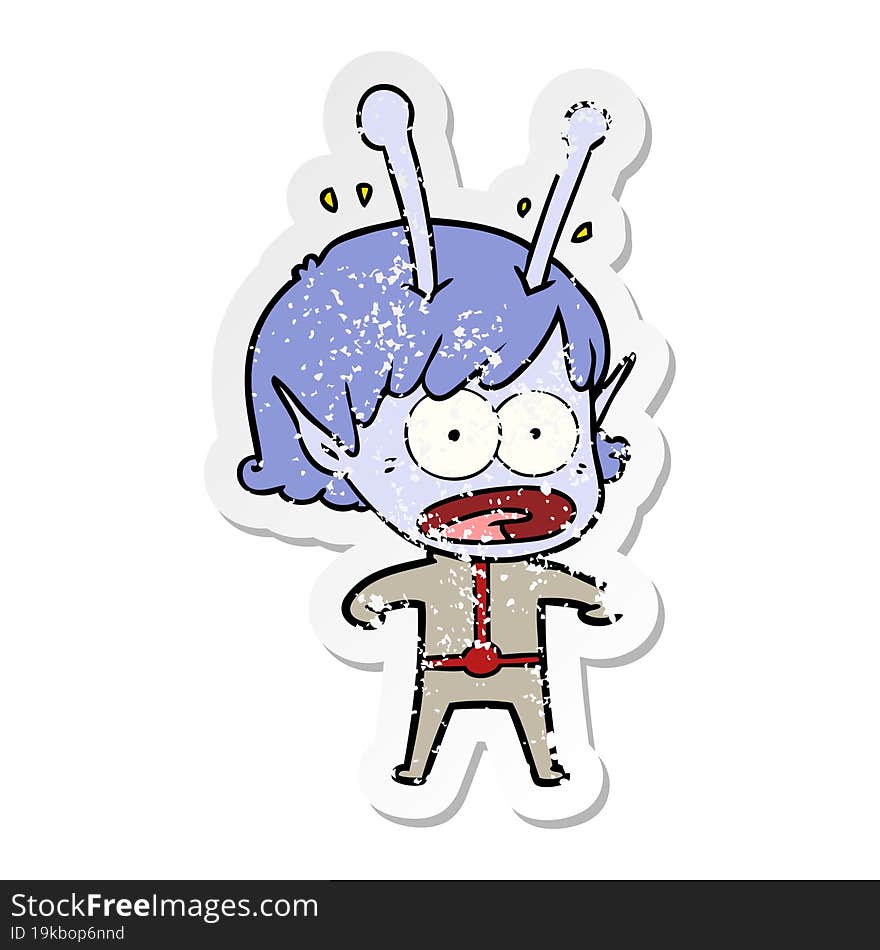 distressed sticker of a cartoon shocked alien girl