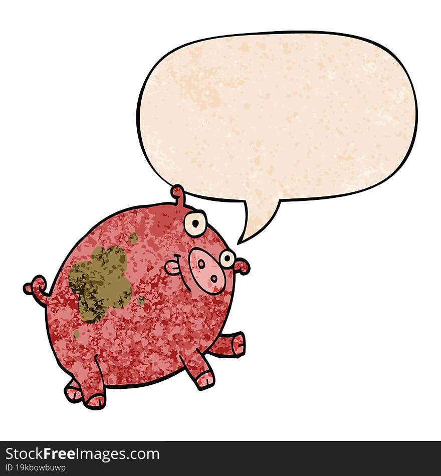 cartoon pig and speech bubble in retro texture style