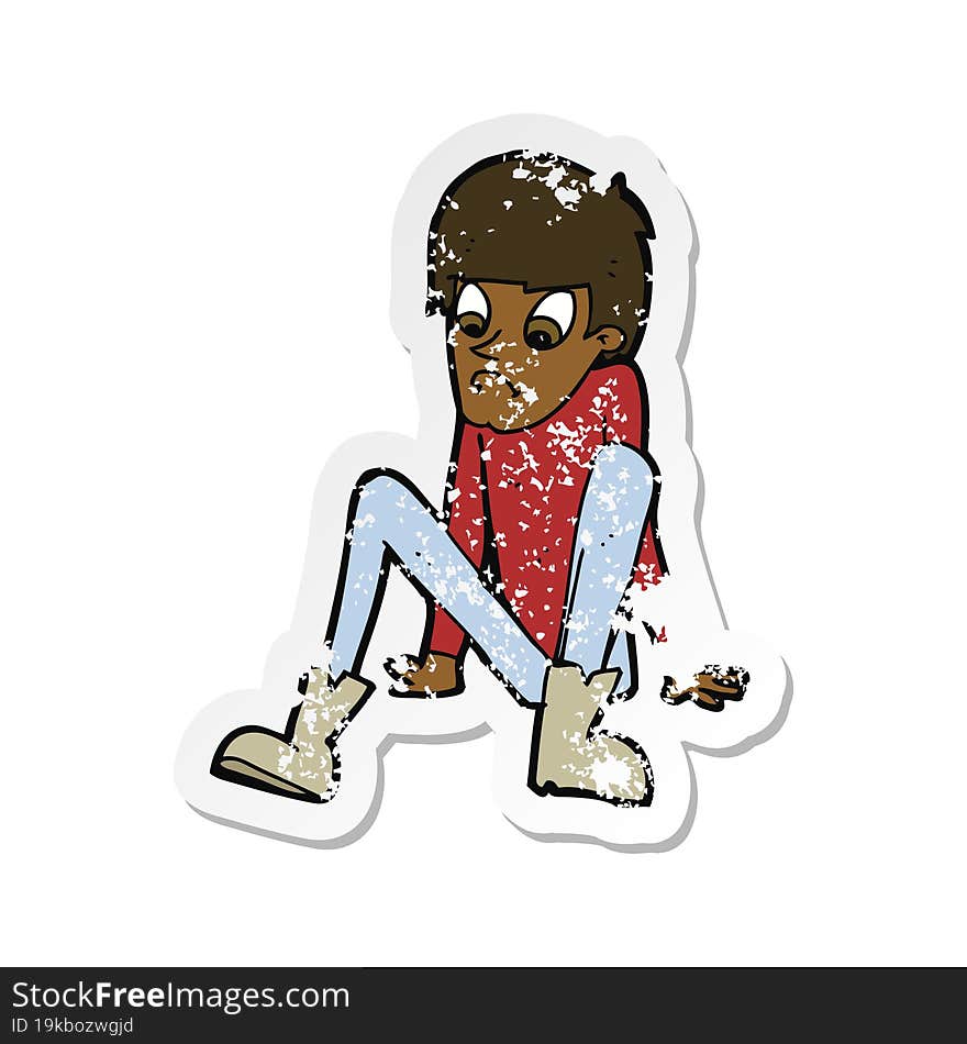 Retro Distressed Sticker Of A Cartoon Boy Sitting On Floor