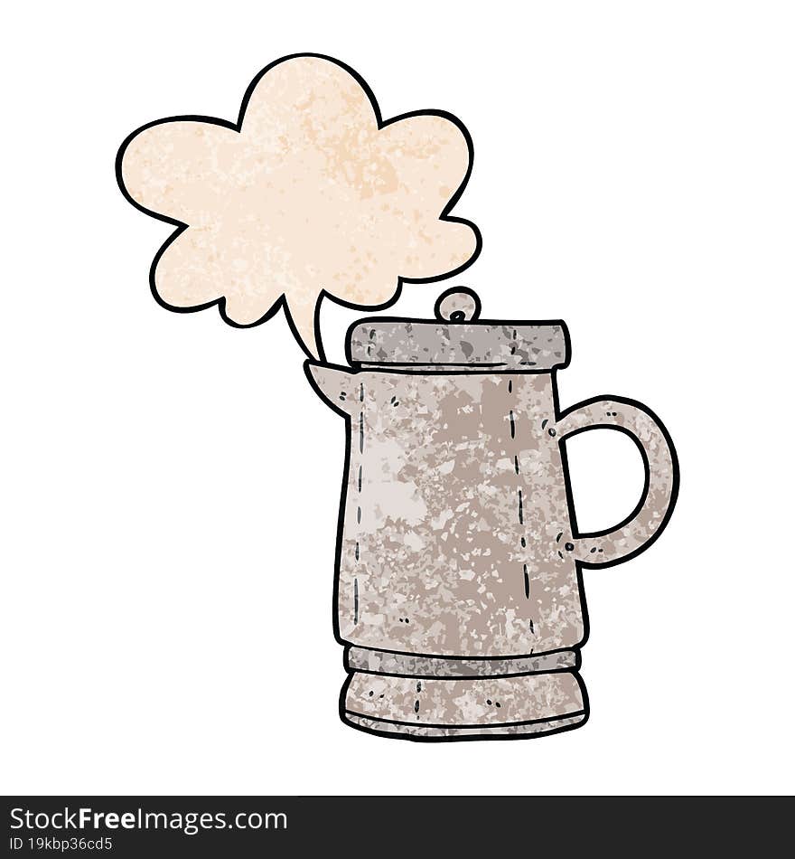 cartoon old metal kettle with speech bubble in retro texture style