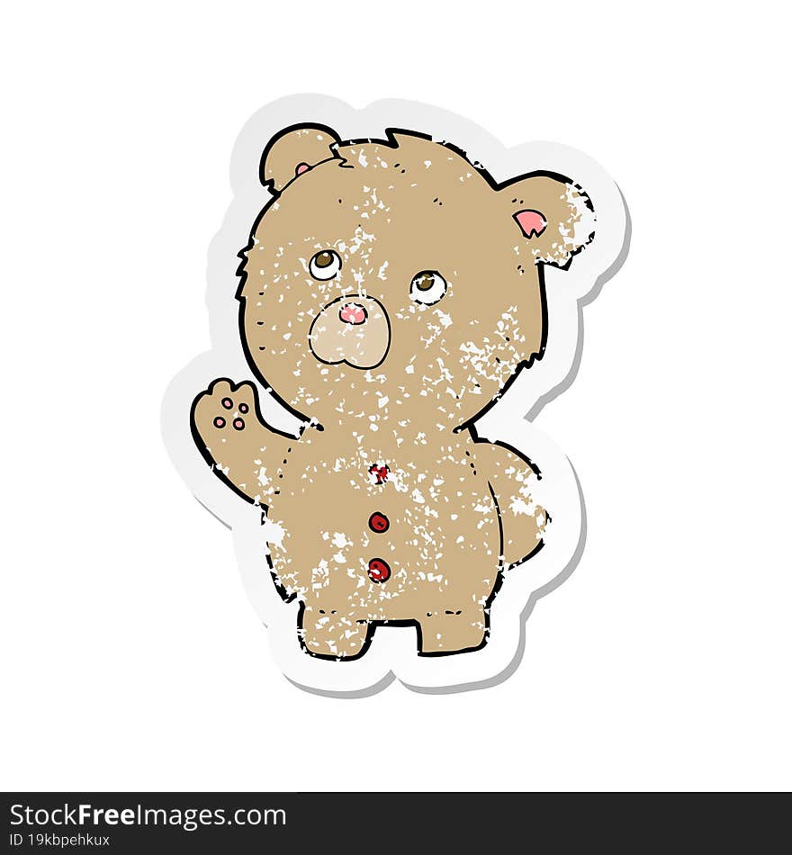 retro distressed sticker of a cartoon waving teddy bear