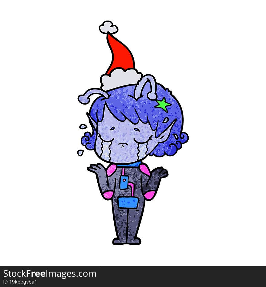 textured cartoon of a crying alien girl wearing santa hat