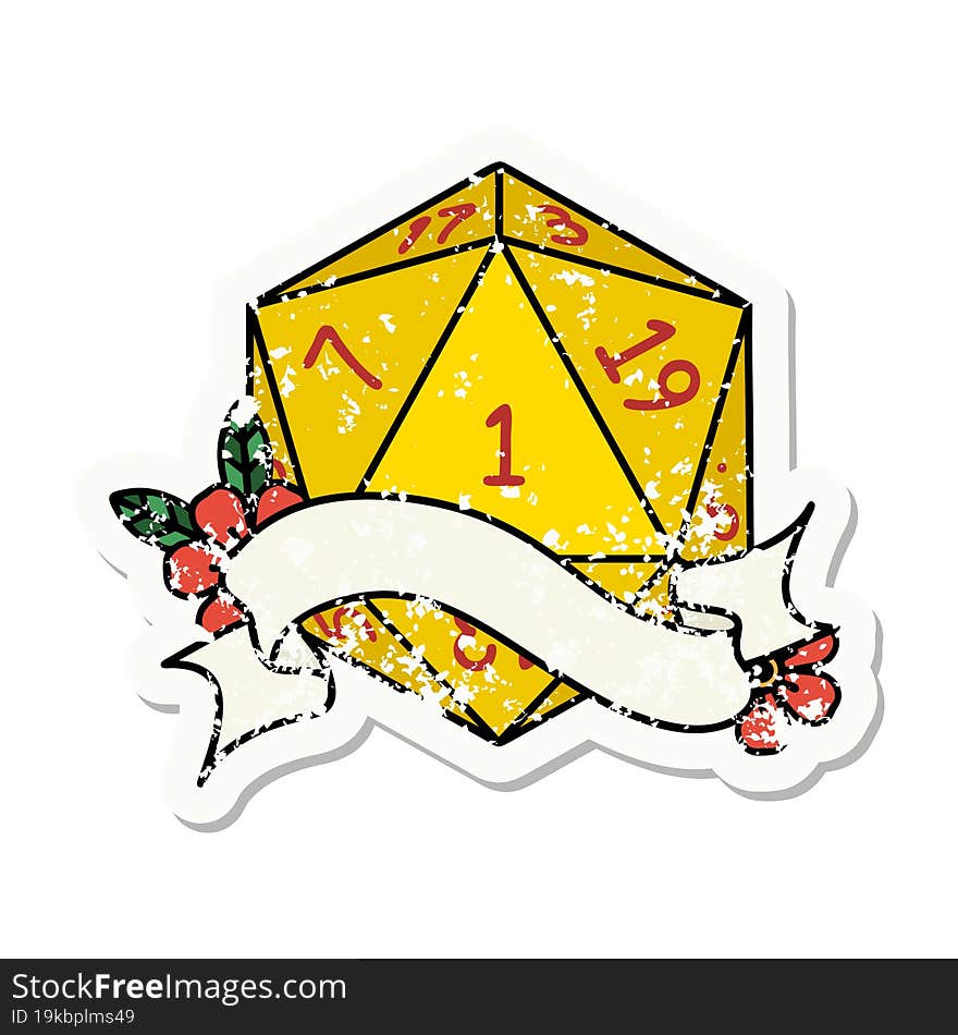 grunge sticker of a natural one d20 dice roll. grunge sticker of a natural one d20 dice roll