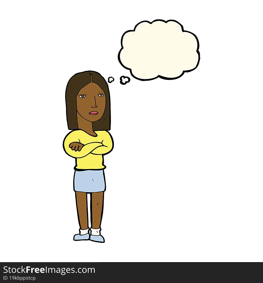 cartoon woman with folded arms with thought bubble