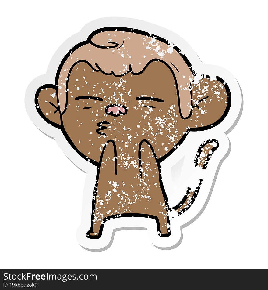 distressed sticker of a cartoon suspicious monkey