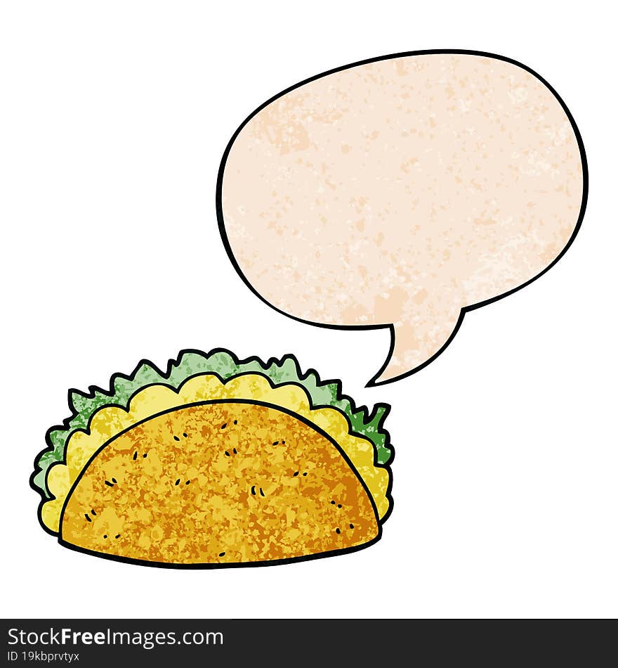 cartoon taco and speech bubble in retro texture style