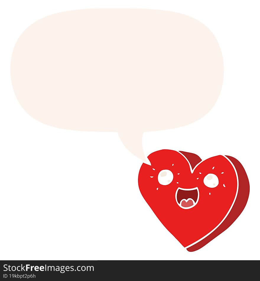 heart cartoon character with speech bubble in retro style