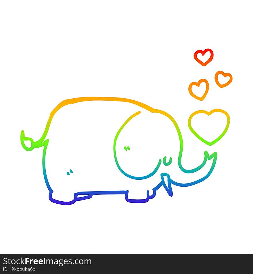 rainbow gradient line drawing of a cute cartoon elephant with love hearts