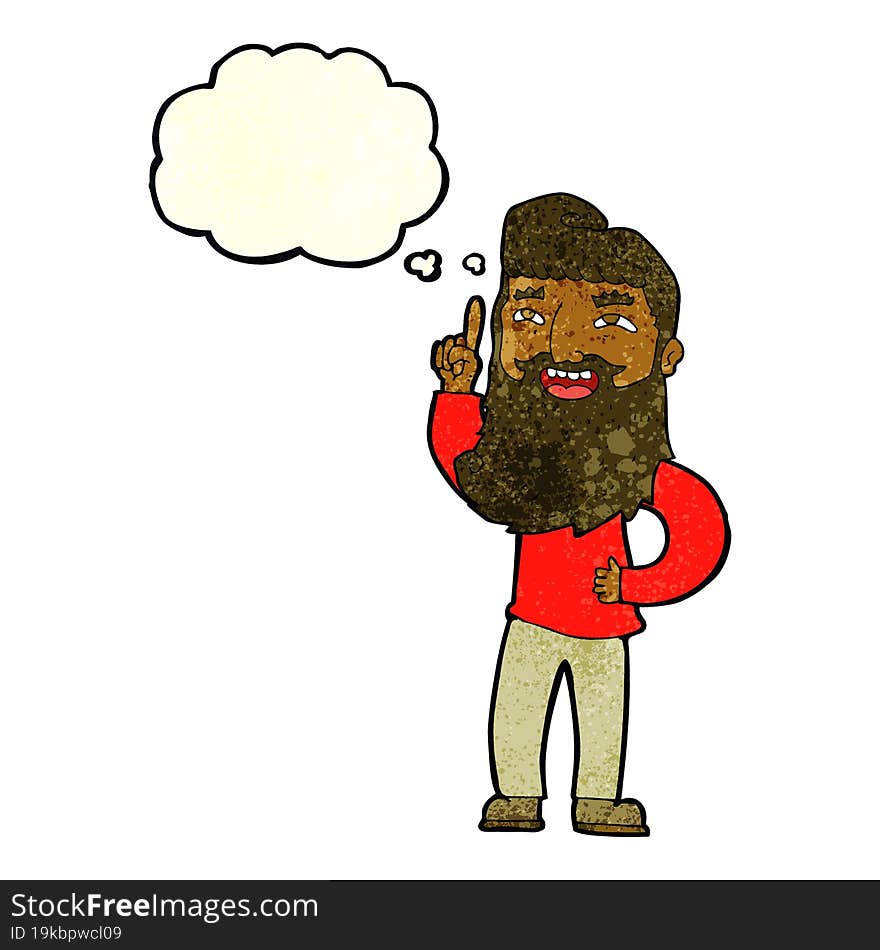 cartoon happy bearded man with idea with thought bubble