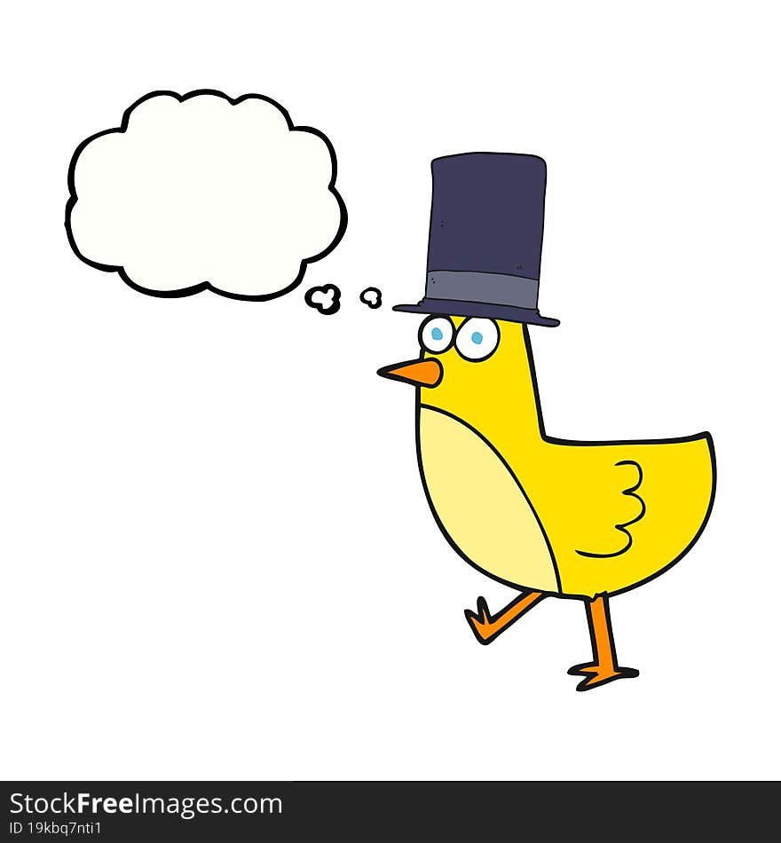 freehand drawn thought bubble cartoon bird wearing hat