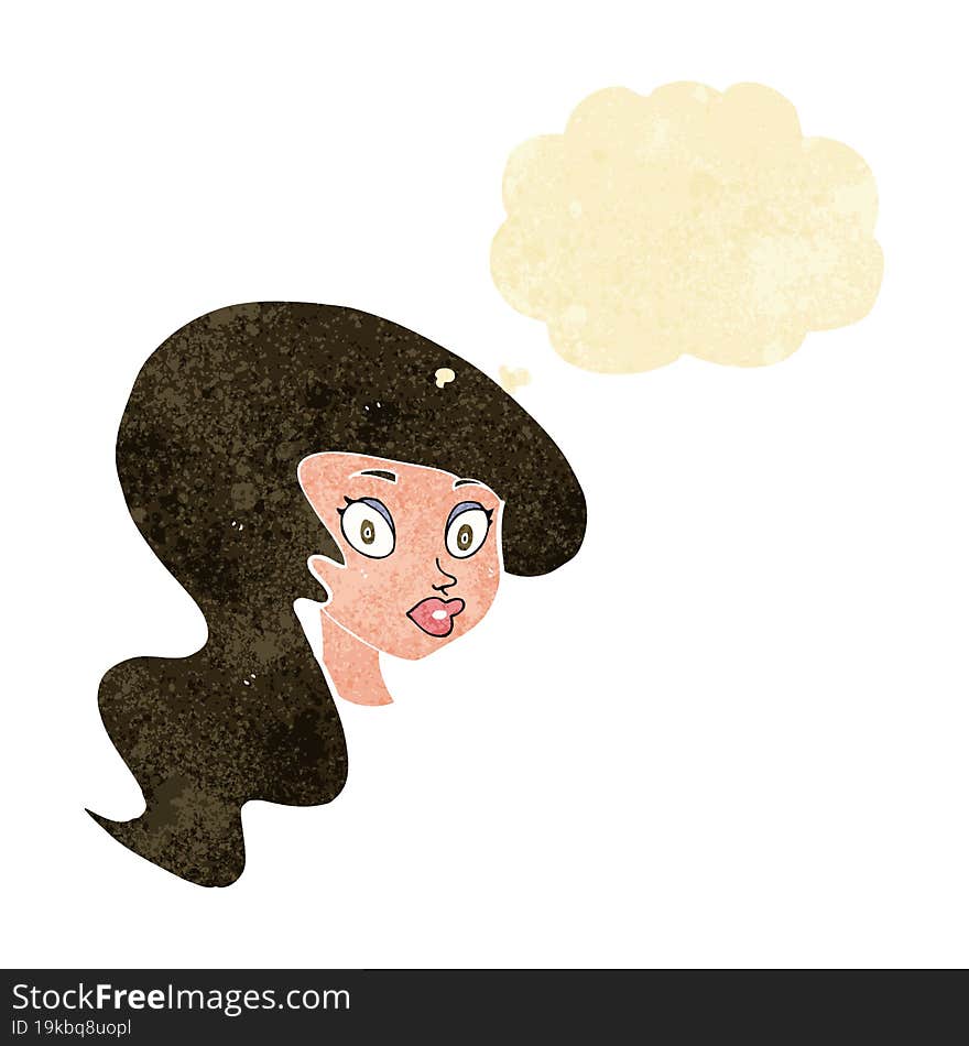 cartoon pretty female face with thought bubble