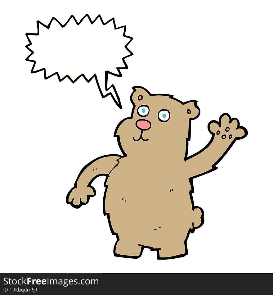 cartoon waving bear with speech bubble