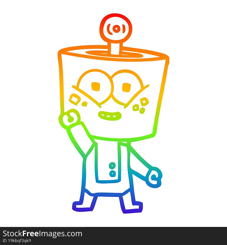 rainbow gradient line drawing of a happy cartoon robot waving hello