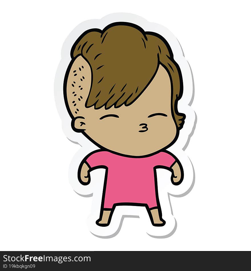 sticker of a cartoon squinting girl