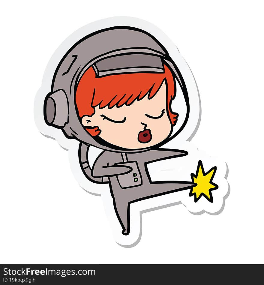 sticker of a cartoon pretty astronaut girl karate kicking