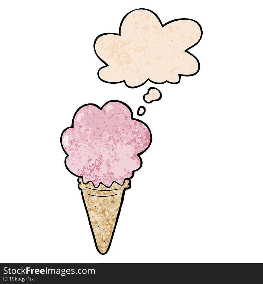 cartoon ice cream and thought bubble in grunge texture pattern style