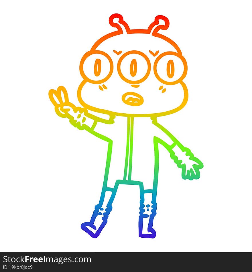 rainbow gradient line drawing cartoon three eyed alien waving