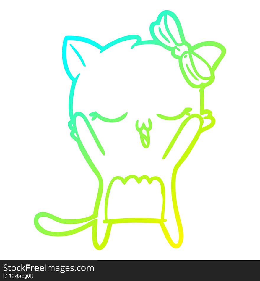 cold gradient line drawing cartoon cat with bow on head