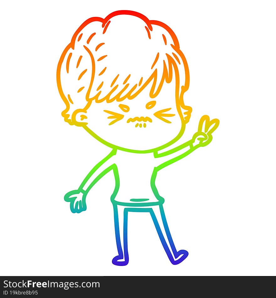 Rainbow Gradient Line Drawing Cartoon Frustrated Woman