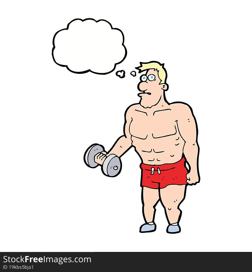 cartoon man lifting weights with thought bubble