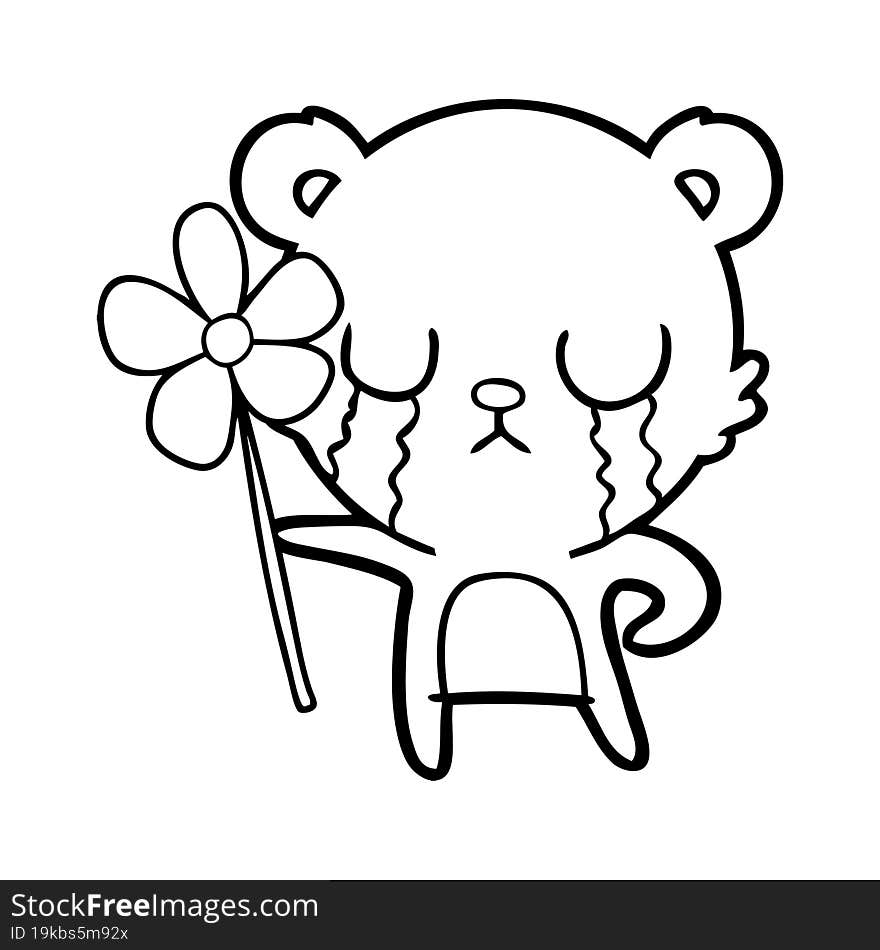 crying cartoon bear with flower. crying cartoon bear with flower