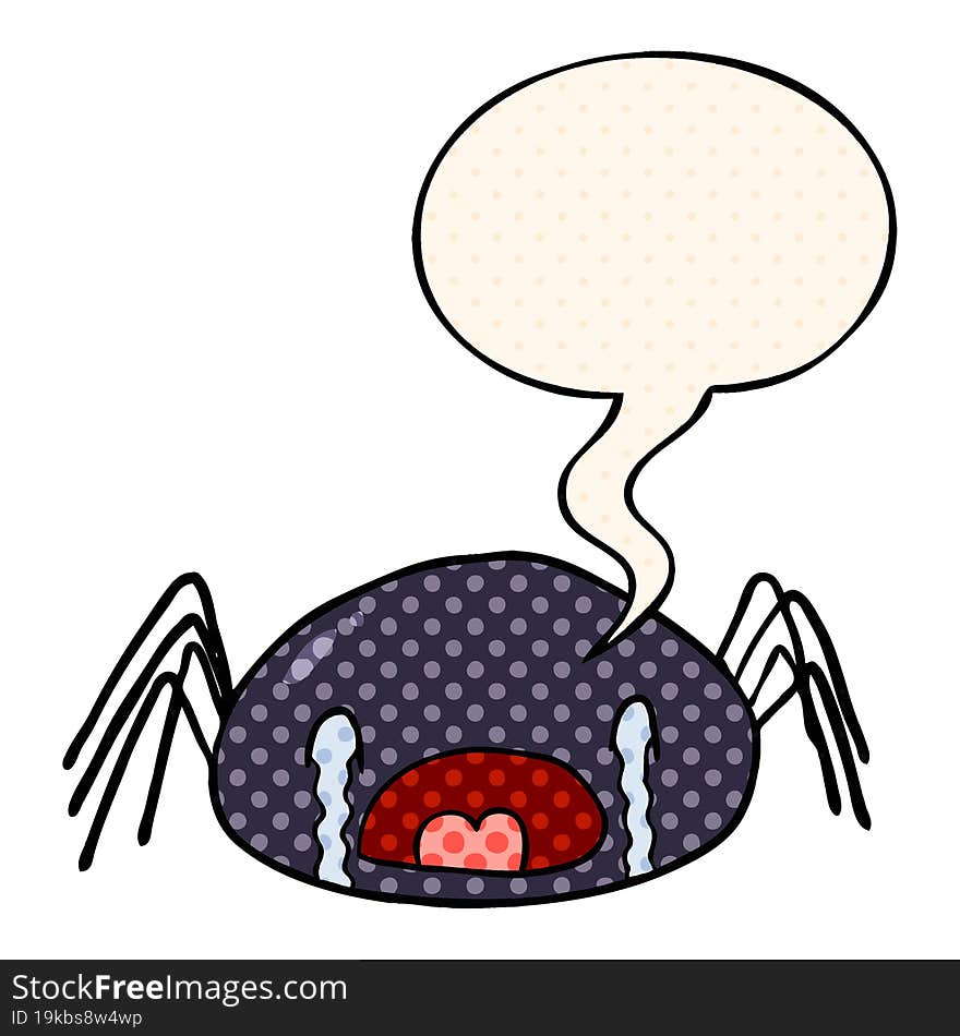 cartoon halloween spider crying and speech bubble in comic book style