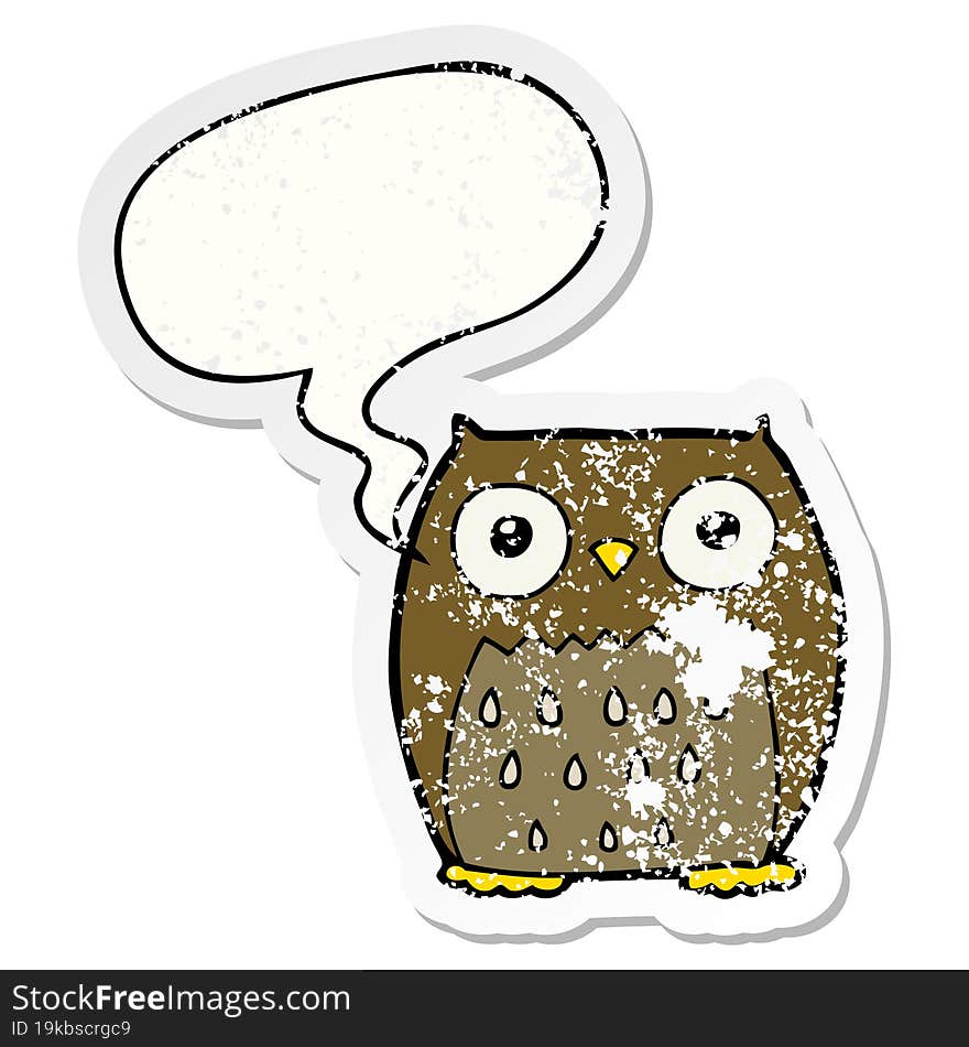 cartoon owl and speech bubble distressed sticker