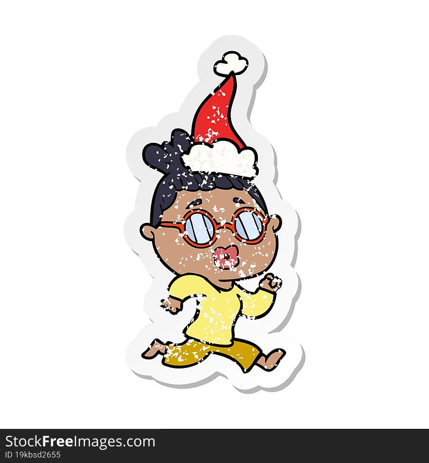 distressed sticker cartoon of a woman wearing spectacles wearing santa hat