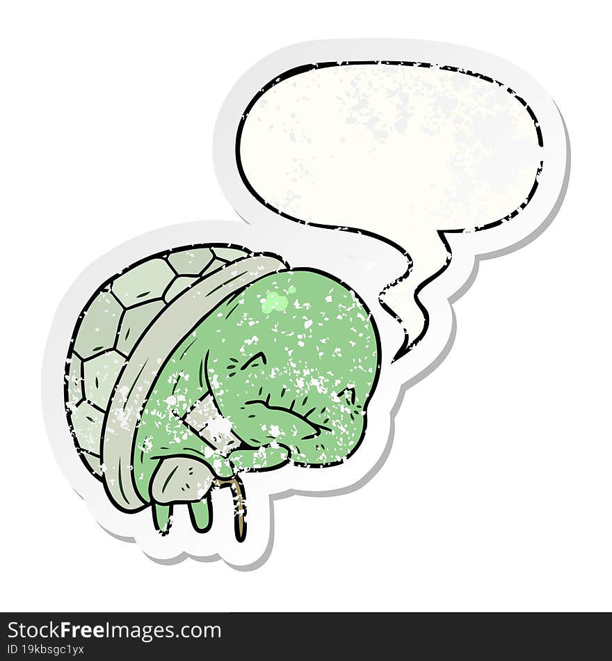 cute cartoon old turtle and walking stick and speech bubble distressed sticker