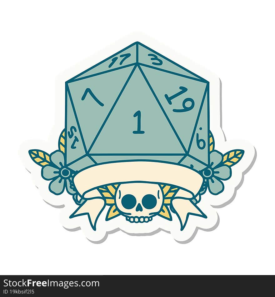 sticker of a natural one d20 dice roll. sticker of a natural one d20 dice roll