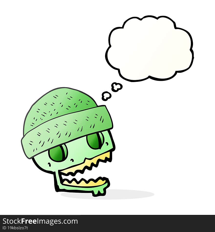 freehand drawn thought bubble cartoon skull wearing hat