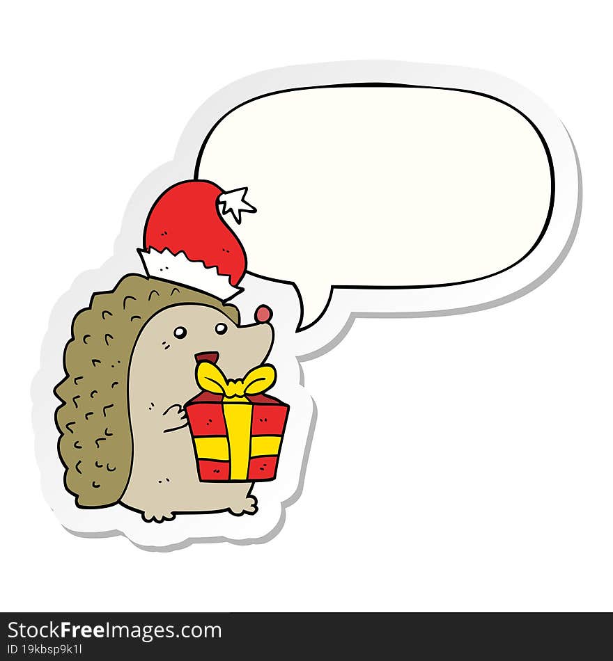 cartoon hedgehog wearing christmas hat and speech bubble sticker