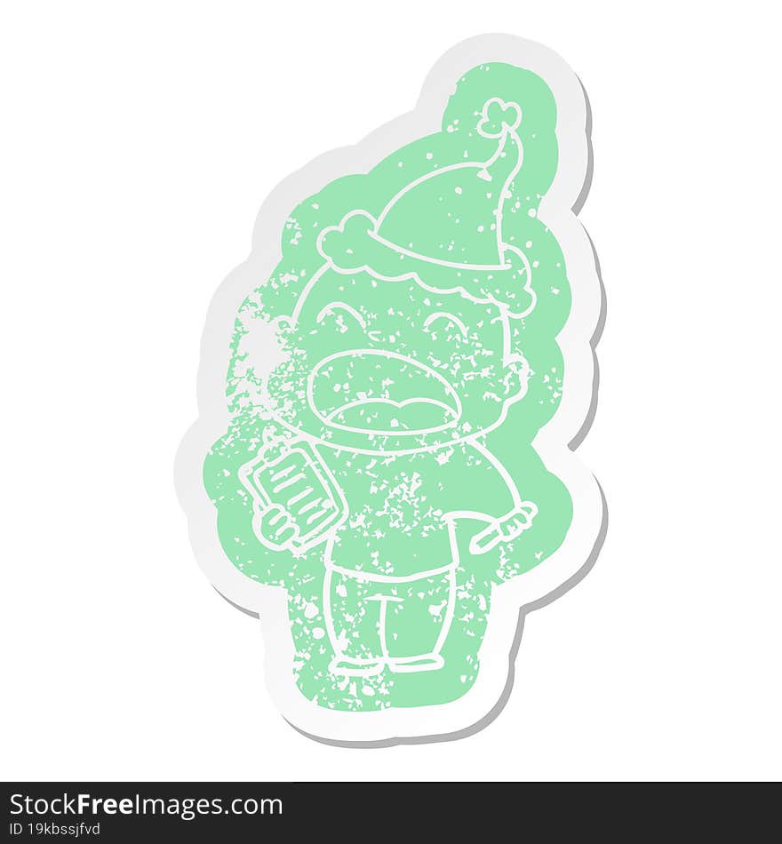 cartoon distressed sticker of a shouting bald man wearing santa hat