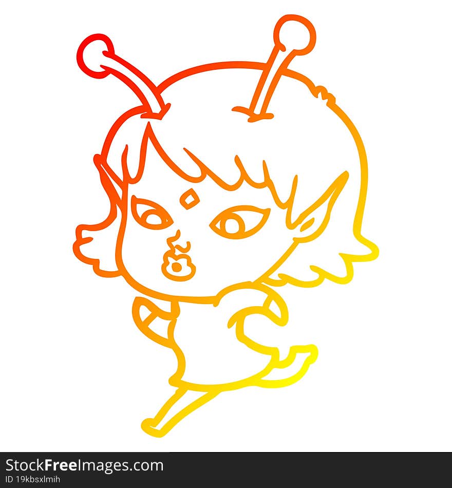 warm gradient line drawing pretty cartoon alien girl running