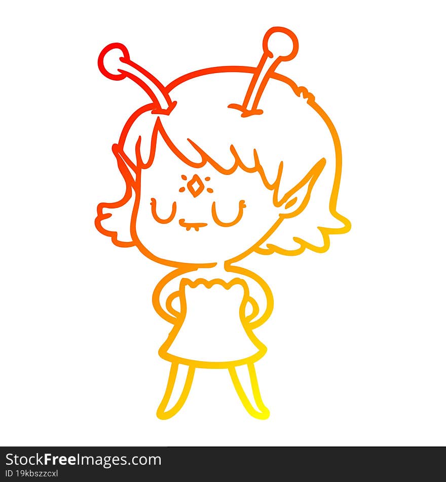 warm gradient line drawing of a cartoon alien girl