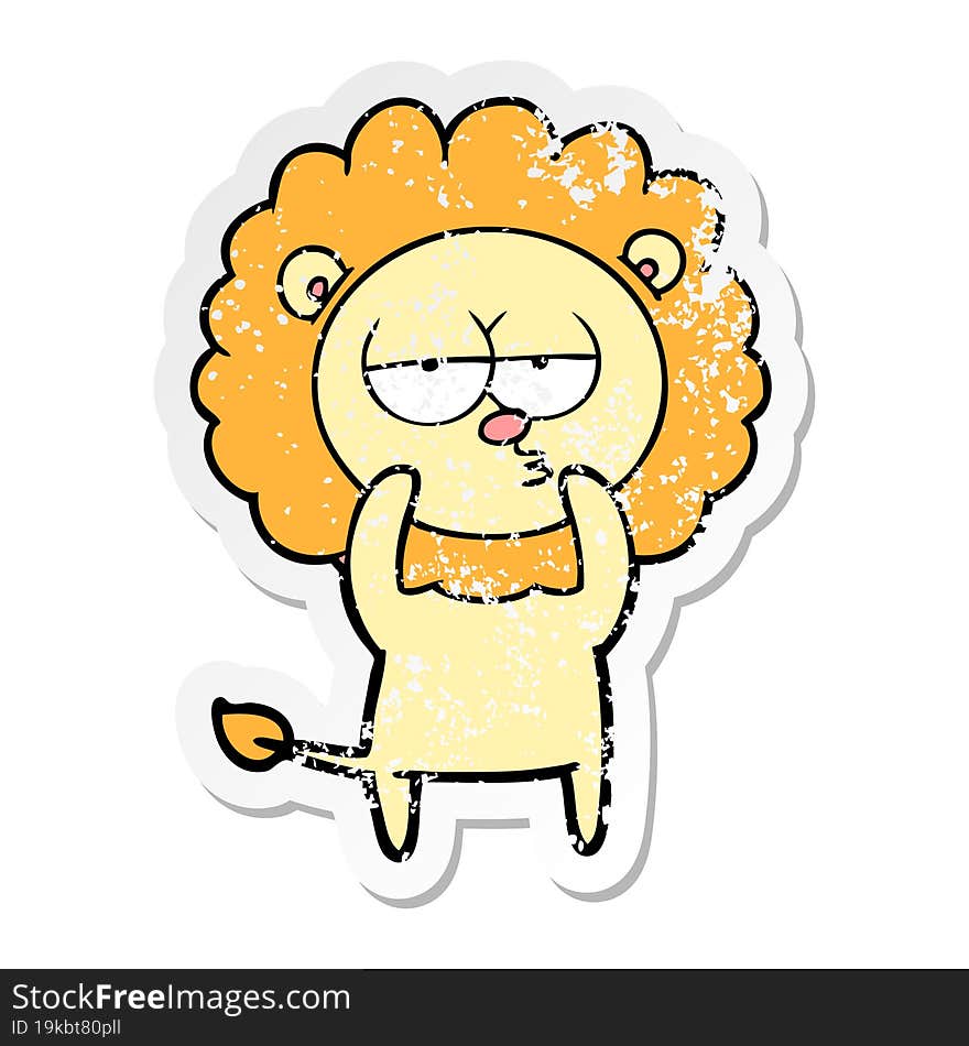 distressed sticker of a cartoon bored lion