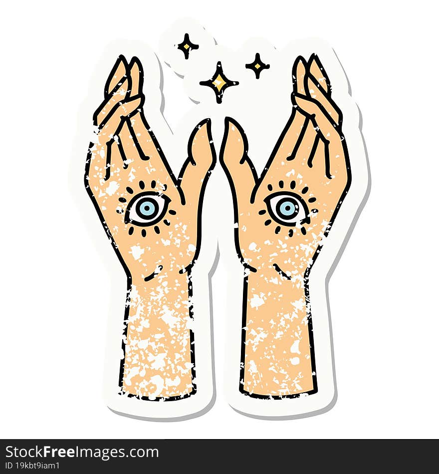 distressed sticker tattoo in traditional style of mystic hands. distressed sticker tattoo in traditional style of mystic hands