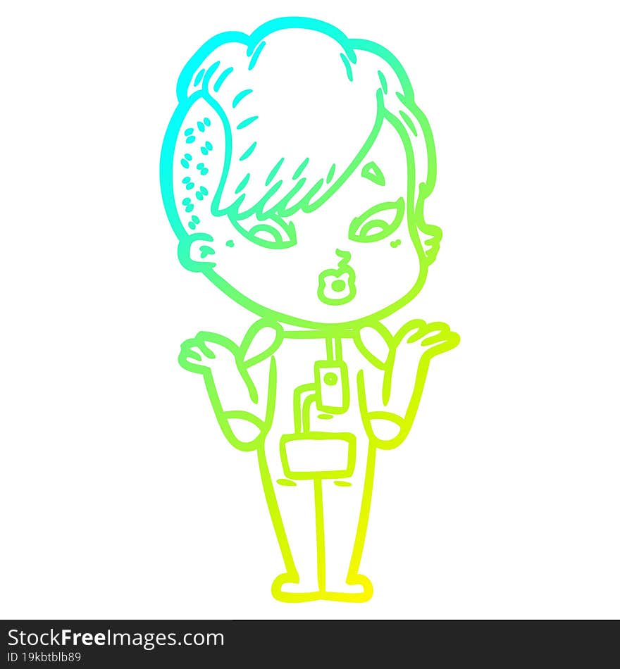 cold gradient line drawing cartoon surprised girl in science fiction clothes