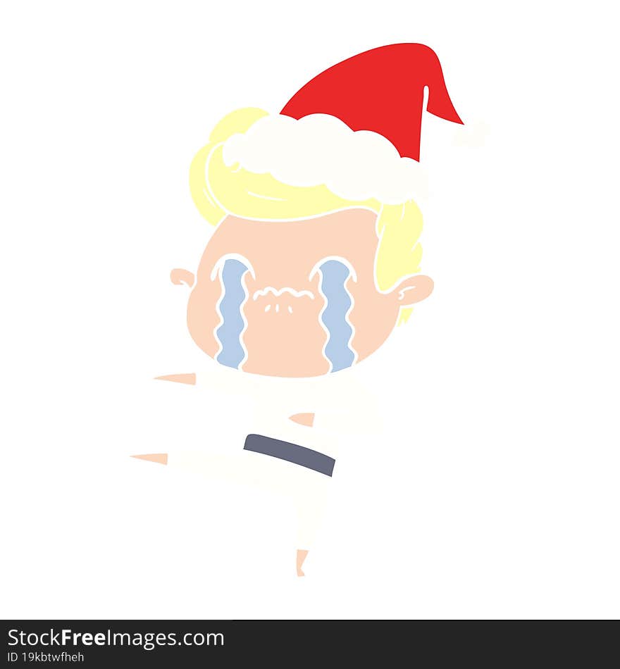 flat color illustration of a man crying wearing santa hat