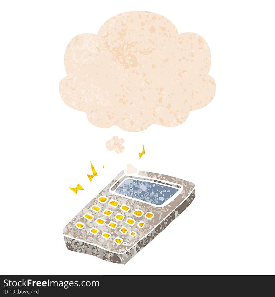 cartoon calculator and thought bubble in retro textured style