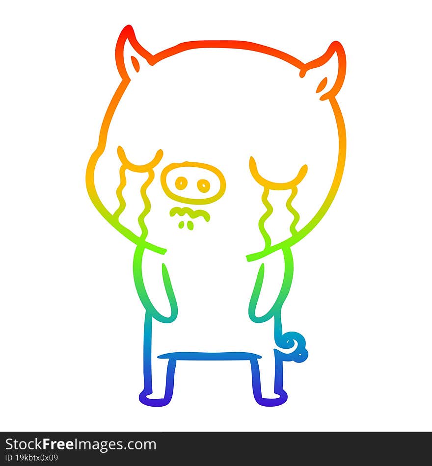 rainbow gradient line drawing of a cartoon pig crying