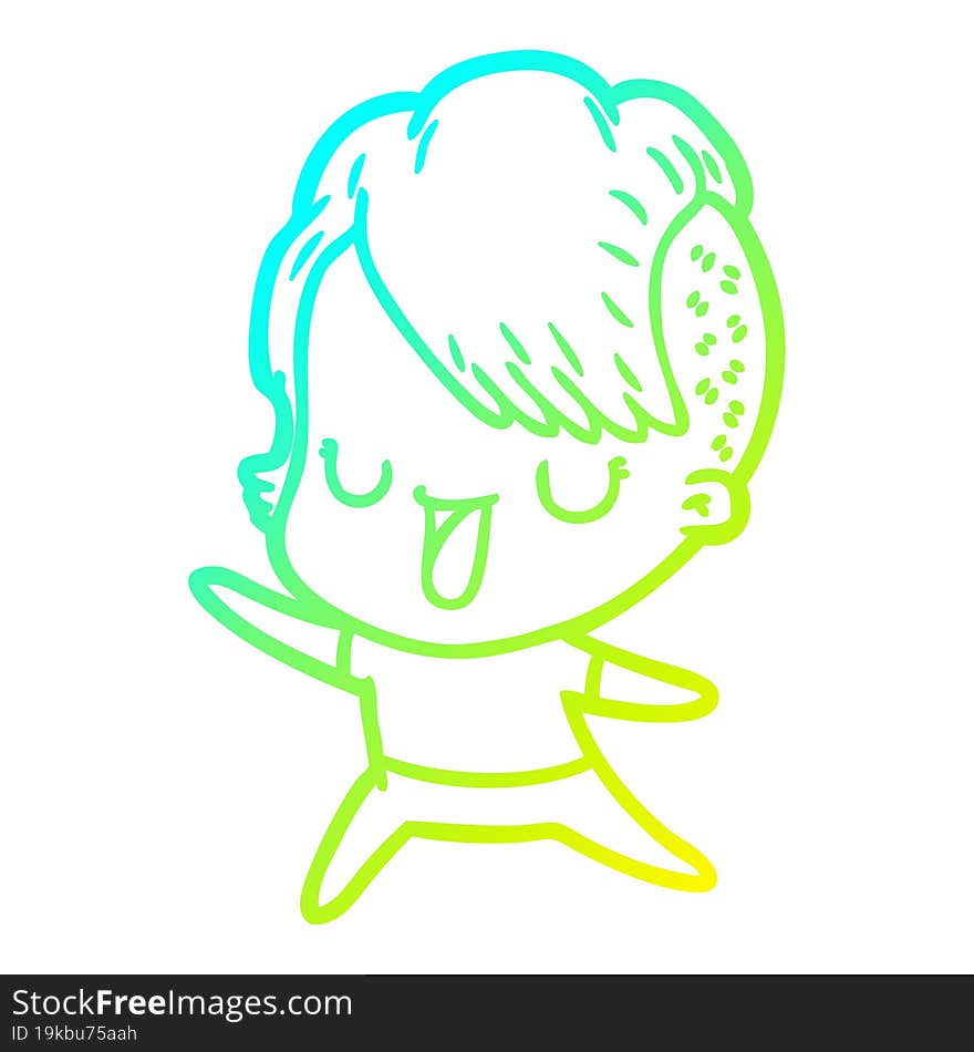 cold gradient line drawing of a cute cartoon girl with hipster haircut