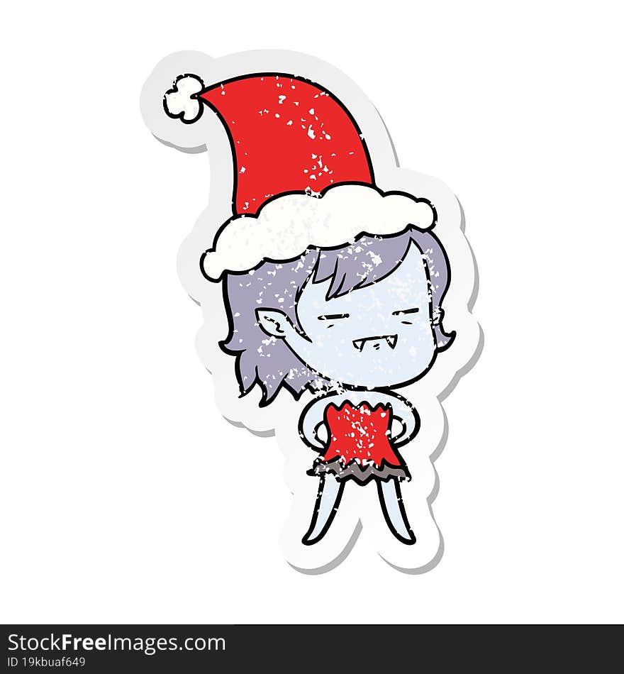 distressed sticker cartoon of a undead vampire girl wearing santa hat