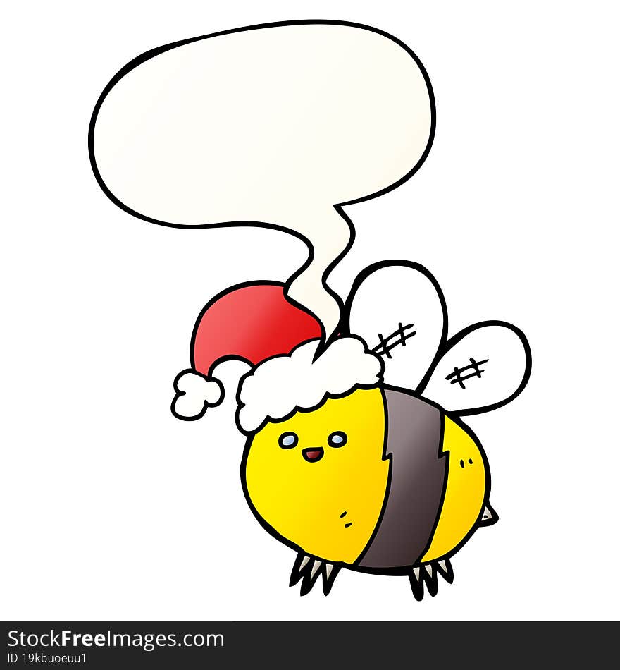 cute cartoon bee wearing christmas hat with speech bubble in smooth gradient style