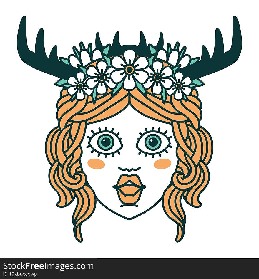 Retro Tattoo Style human druid character face. Retro Tattoo Style human druid character face