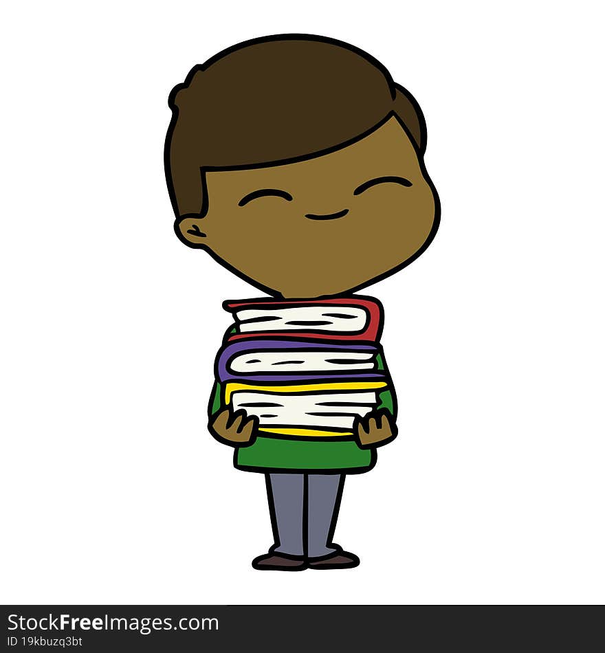 cartoon smiling boy with stack of books. cartoon smiling boy with stack of books